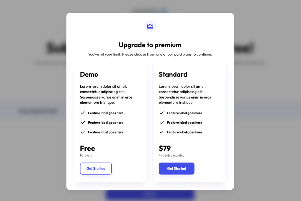 Upgrade Modal Popup w Pricing Table