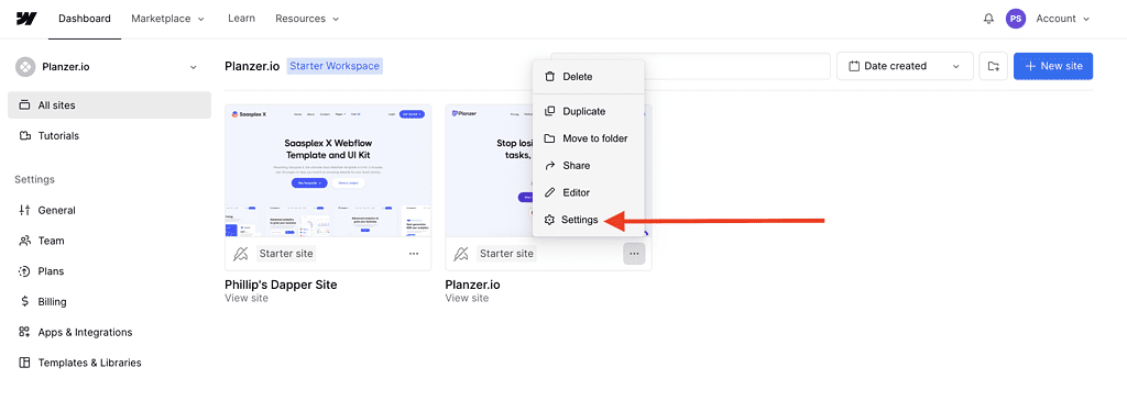 Step 5 Choose project and click settings